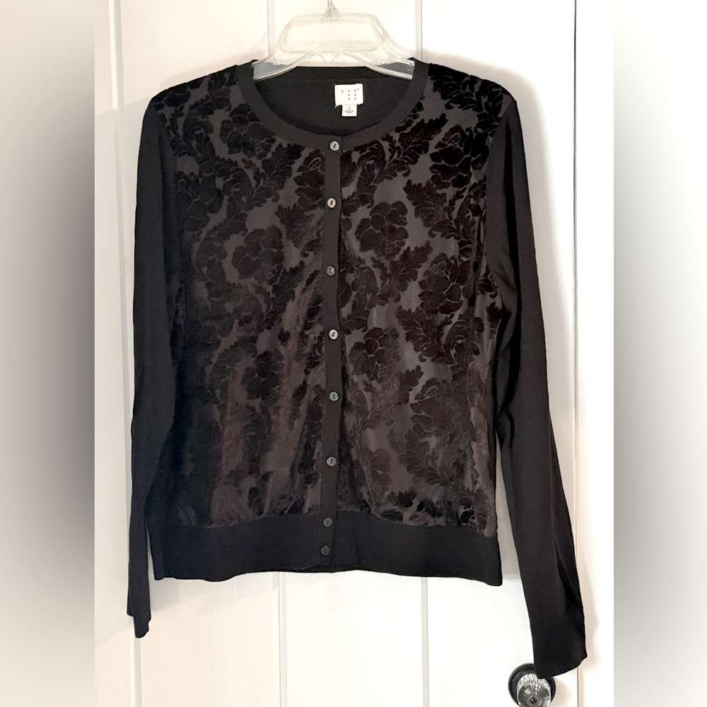 A New Day Misses Black Cardigan Sz L, burnout Velvet on front is semi sheer